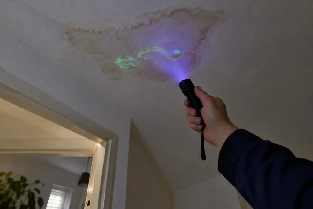 Lekdetectie Uden – kleurstof controleren op het plafond met uv-licht