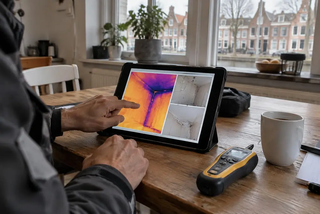 Lekdetectie Uden – lekdetectierapport met warmtebeelden en foto's op een tablet