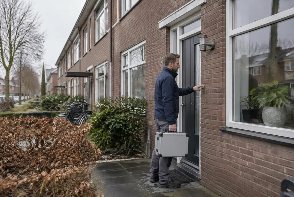 Lekdetectiespecialist met meetkoffer bij de voordeur van een woning in Uden